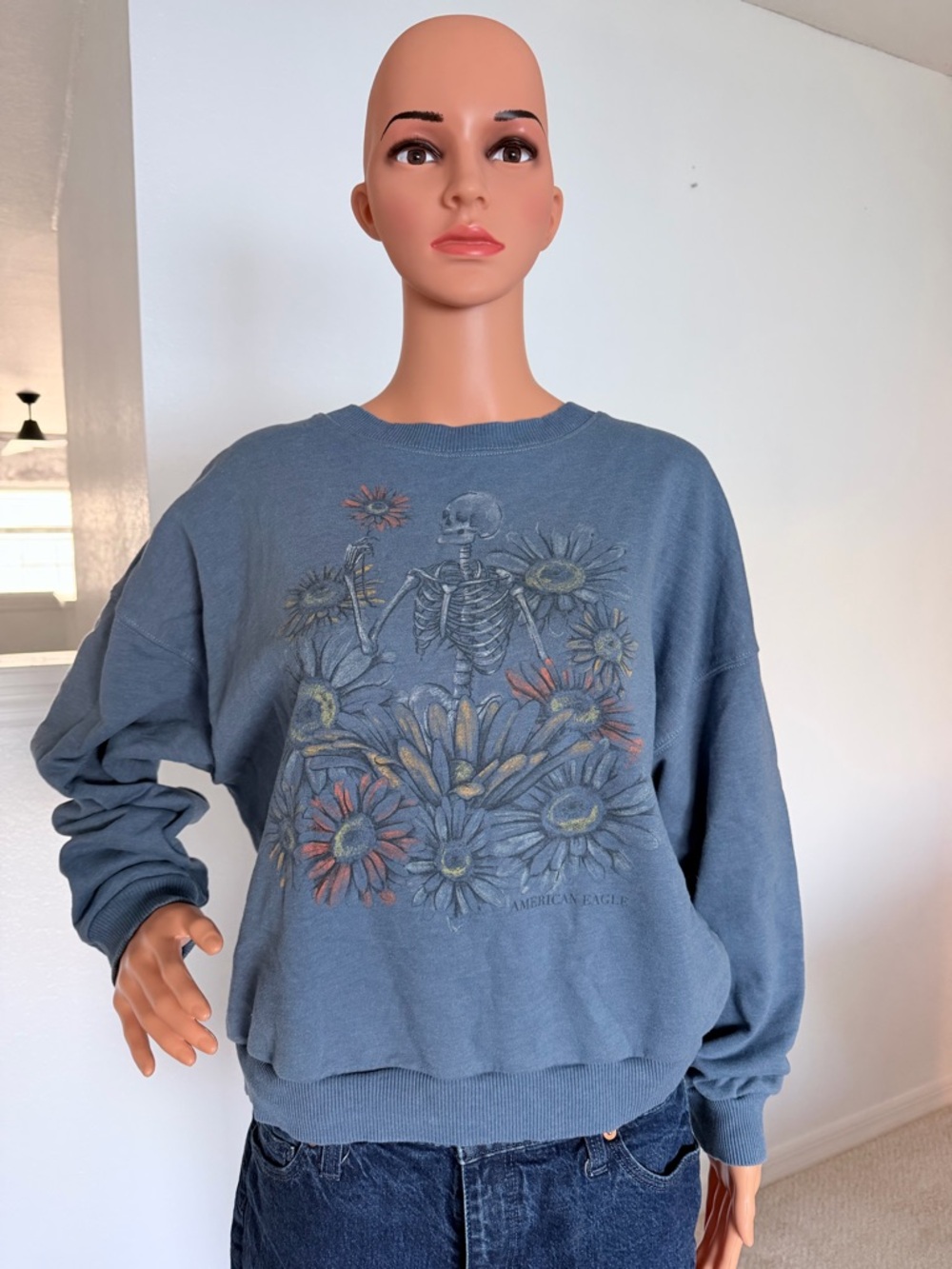 American Eagle Outfitters Blue Floral Skeleton Graphic Sweatshirt